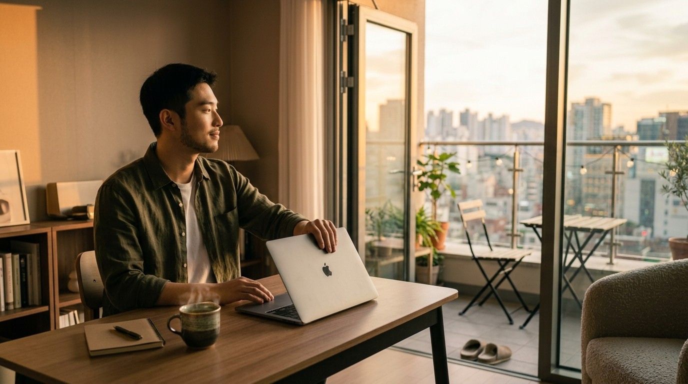 The Stoic's Guide to a Happy and Thriving Life 2 Man-Closing-Laptop-on-Balcony-Thriving-Life