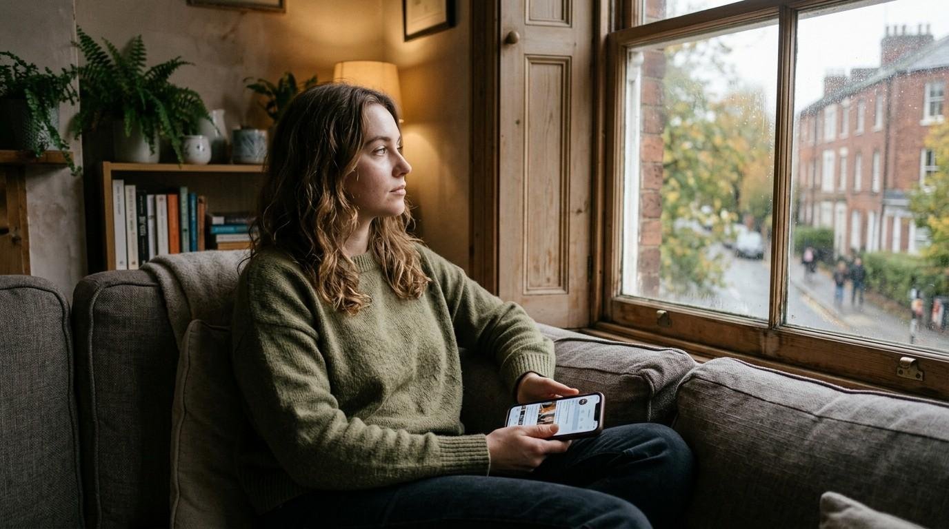 Online Dating Is a Filter — Here's What It's Actually Filtering For 1 Woman-On-Sofa-with-Smartphone-Online-Dating