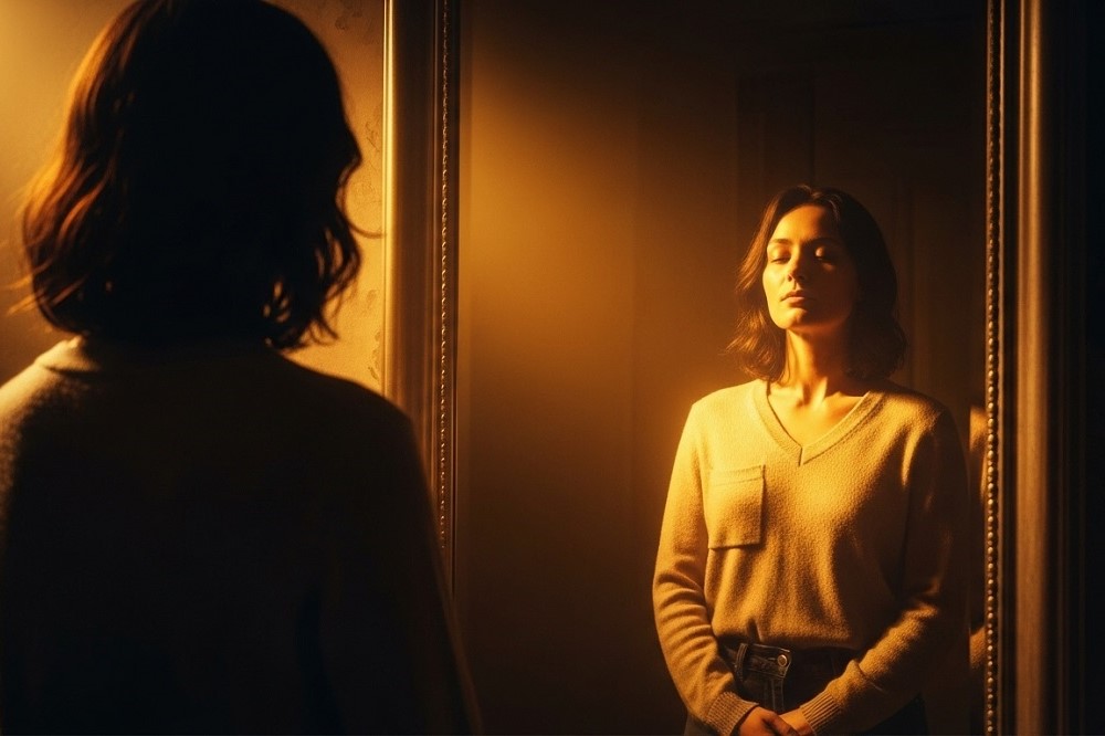 Woman-Standing-Before-a-Large-Mirror