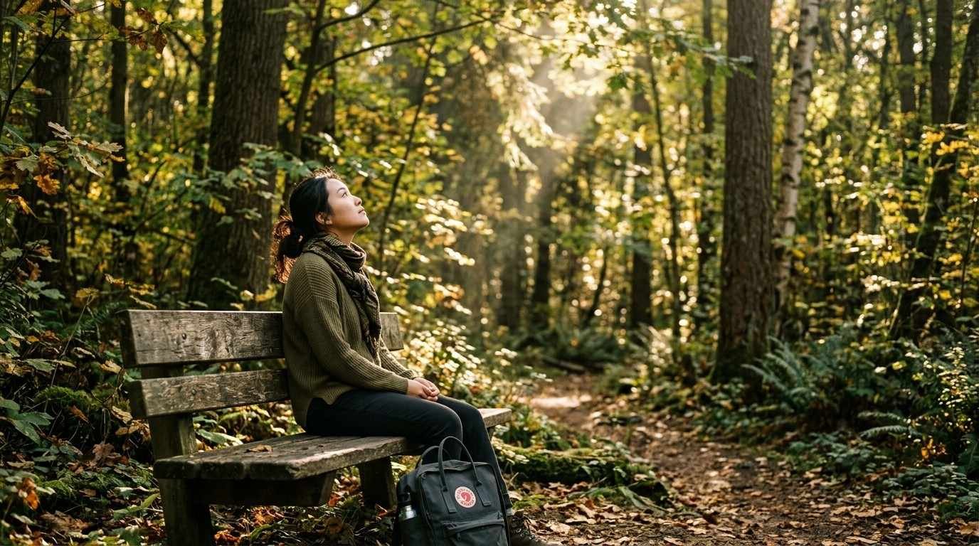 The Sensory Reset: Why Forest Bathing is a Biological Necessity 2 Office-Worker-Sitting-On-Bench-Forest-Bathing