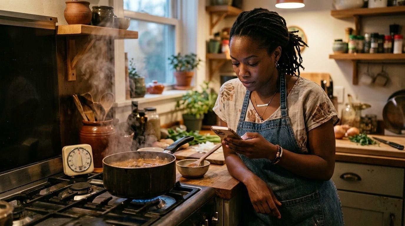 Your Attention for Sale: The Hidden Cost of Social Media Addiction 1 Woman-Scrolling-Smartphone-While-Cooking-Social-Media-Addiction
