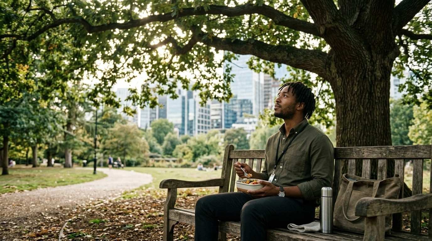 Office-Worker-Eating-Under-Tree-Self-Worth
