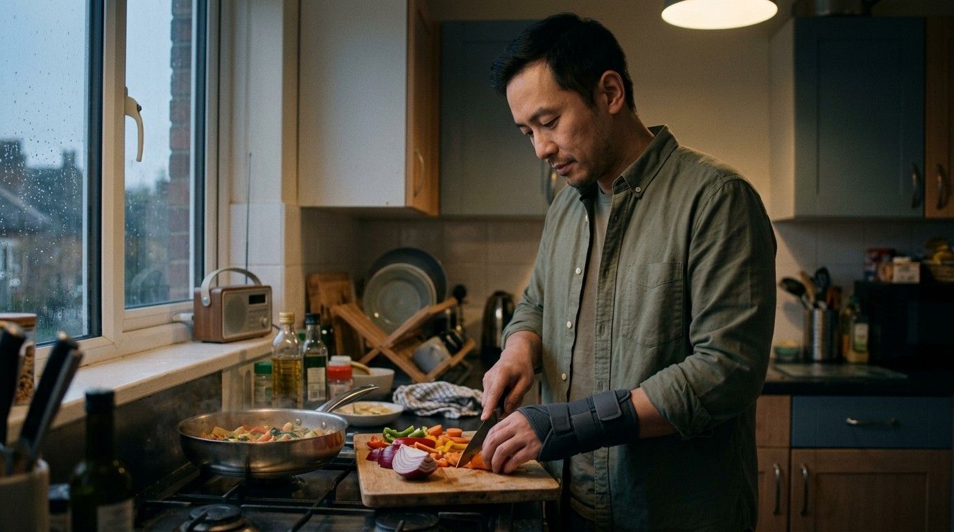 Man-Preparing-Dinner-with-Brace-Overcome-Adversity