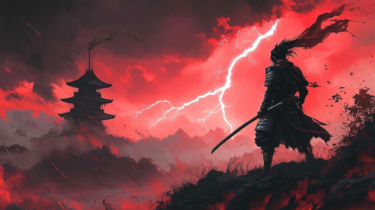 Stay-calm-samurai-standing-pagoda