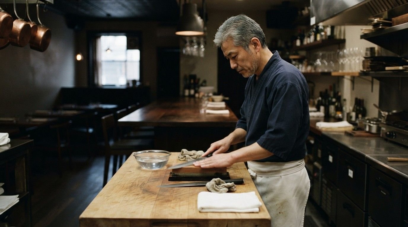 Chef-Sharpening-Knife-in-Restaurant-Hagakure