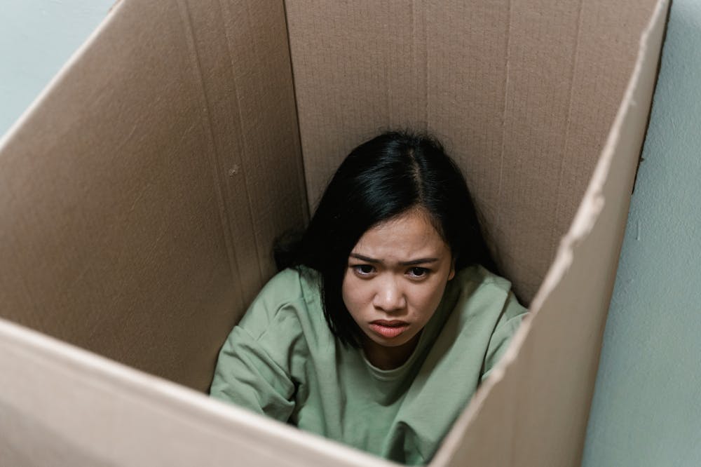 Woman-in-Cardboard-Box-Feeling-Overwhelmed