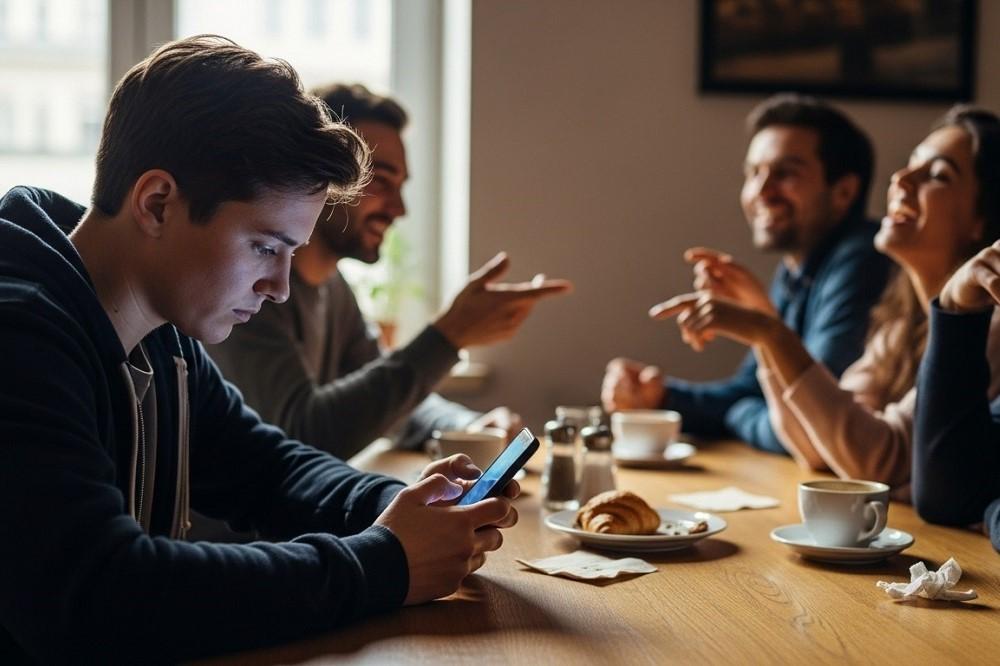 Man-Staring-At-Phone-At-Dinner-Gathering