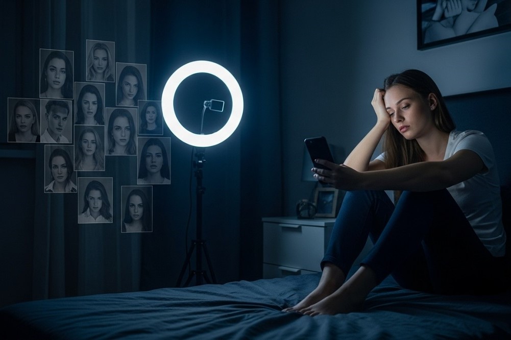 Woman-Alone-Illuminated-By-Glow-of-Phone-screen