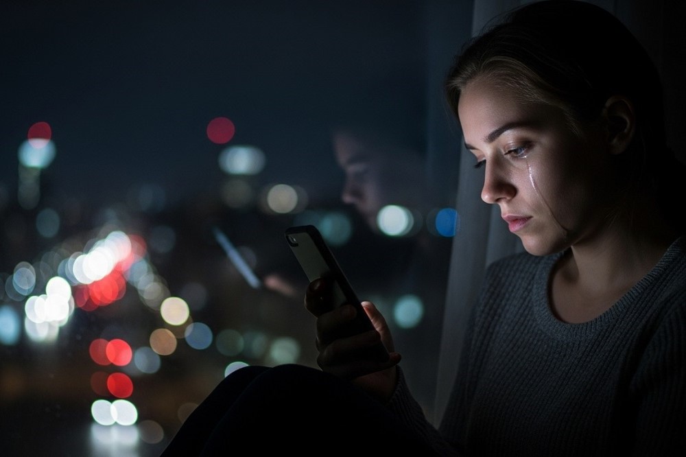 Woman-By-Window-Holding-a-Phone-Outgrowing-People