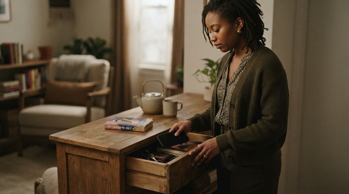 Woman-Place-Phone-in-Drawer-Social-Media-Detox