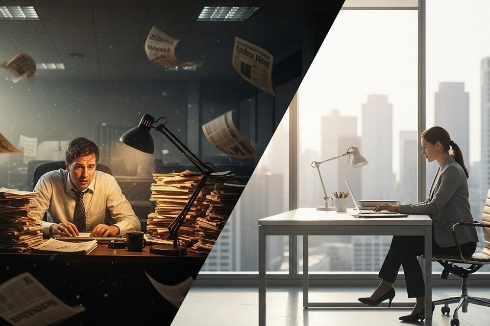 anxious-journalist-with-newspapers-woman-on-laptop