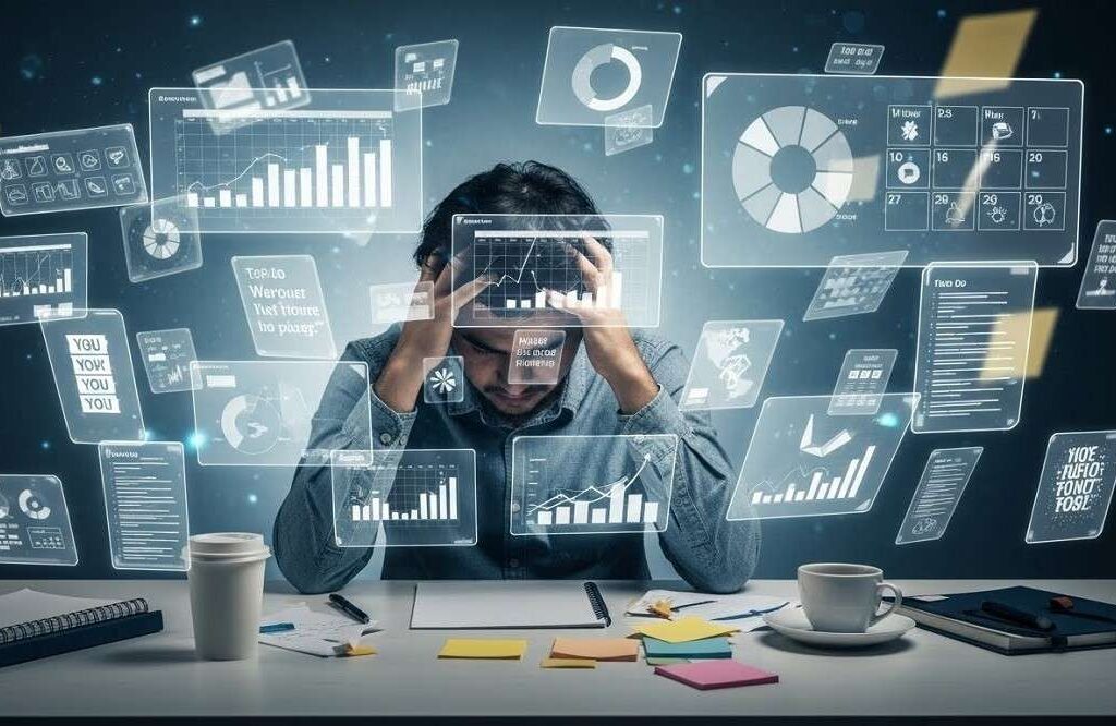 Frazzled-Man-Sitting-At-Desk-Surrounded-by-Floating-Screens