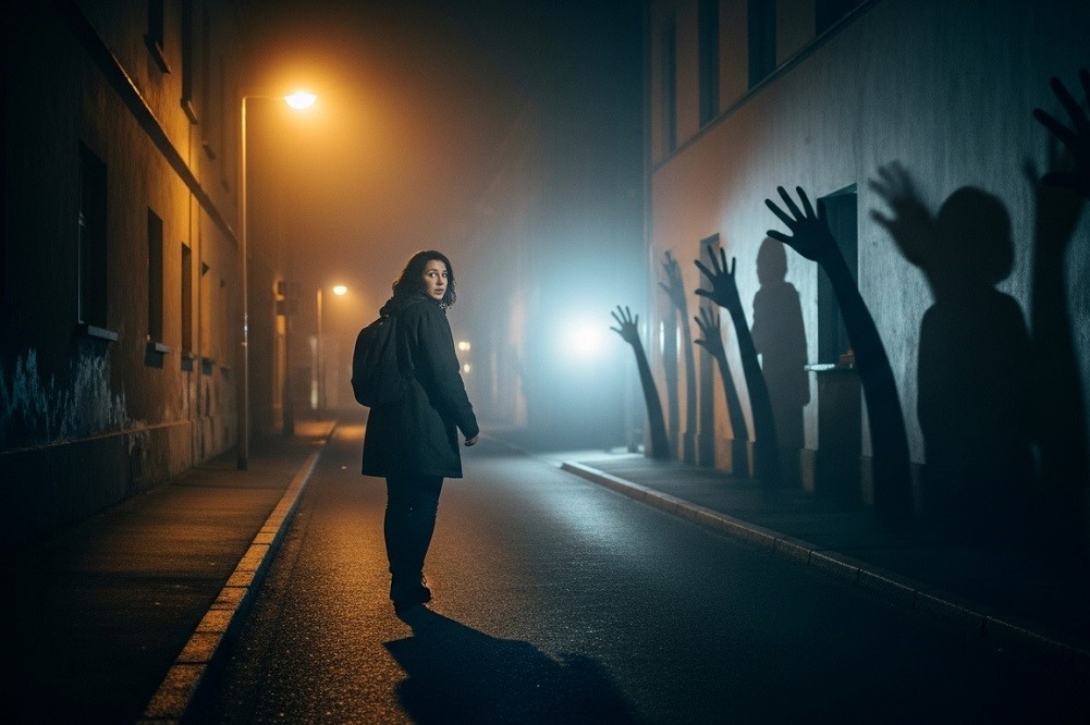 Frightened-Woman-Walking-Dimly-Lit-Street