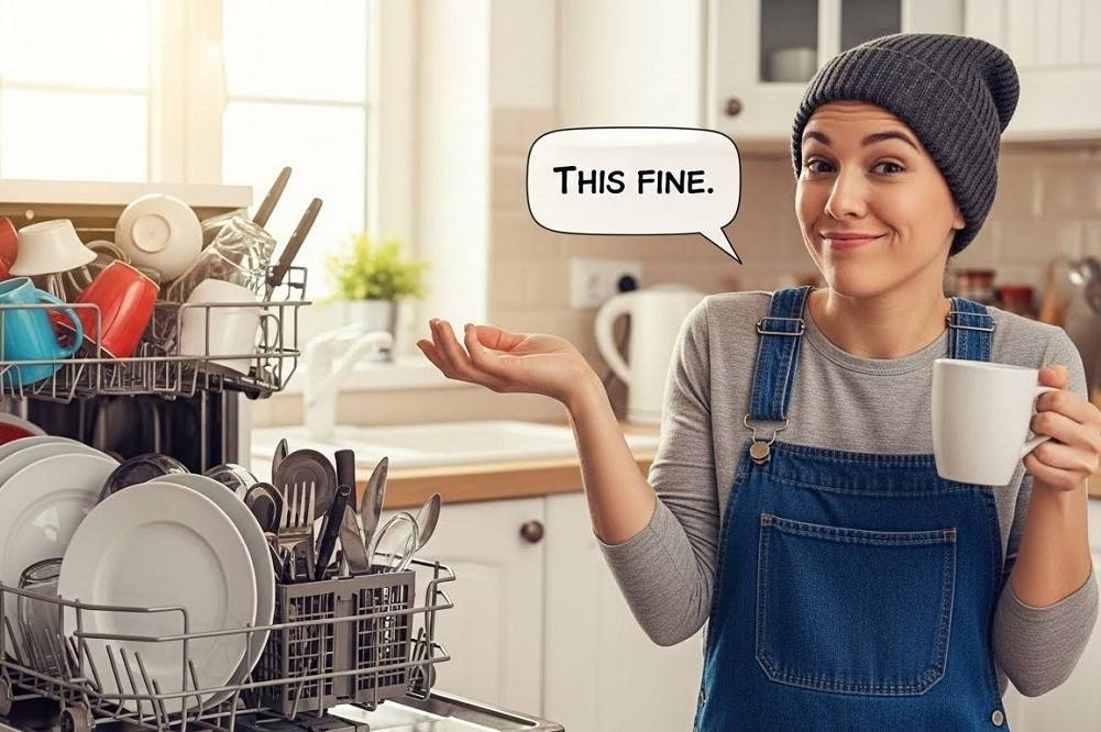Half-Loaded-Dishwasher-Woman-Holding-Coffee-Mug