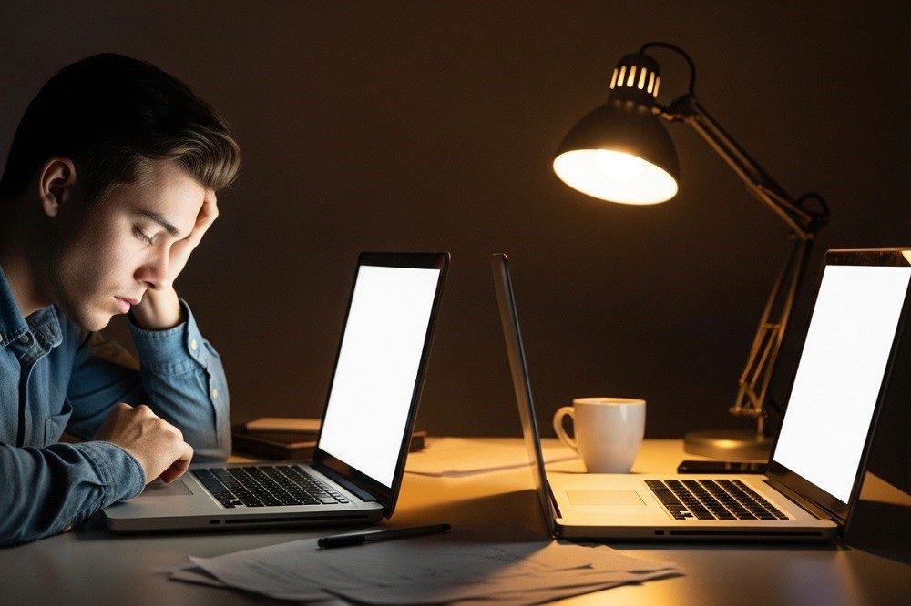 Man-Facing-Two-Laptops-At-Desk