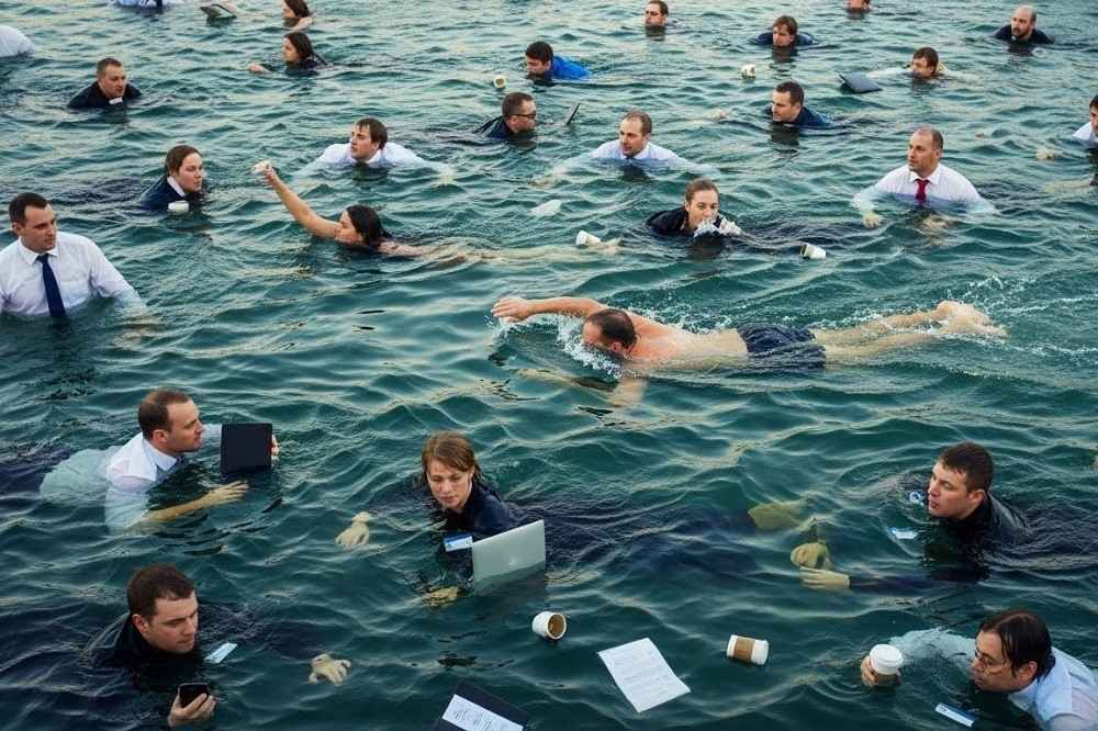 Escape the Hustle: How to Embrace the Soft Life In 5 Phases 5 Man-Swimming-Against-River-Crowded-With-Other-Swimmers