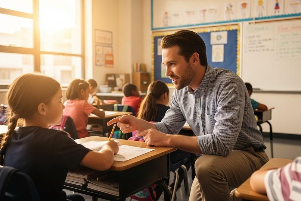 Teacher-talking-to-Student-in-classroom