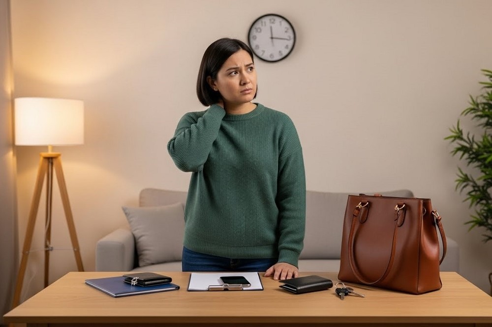 Woman-Standing-in-Room-Staring-At-Nothing