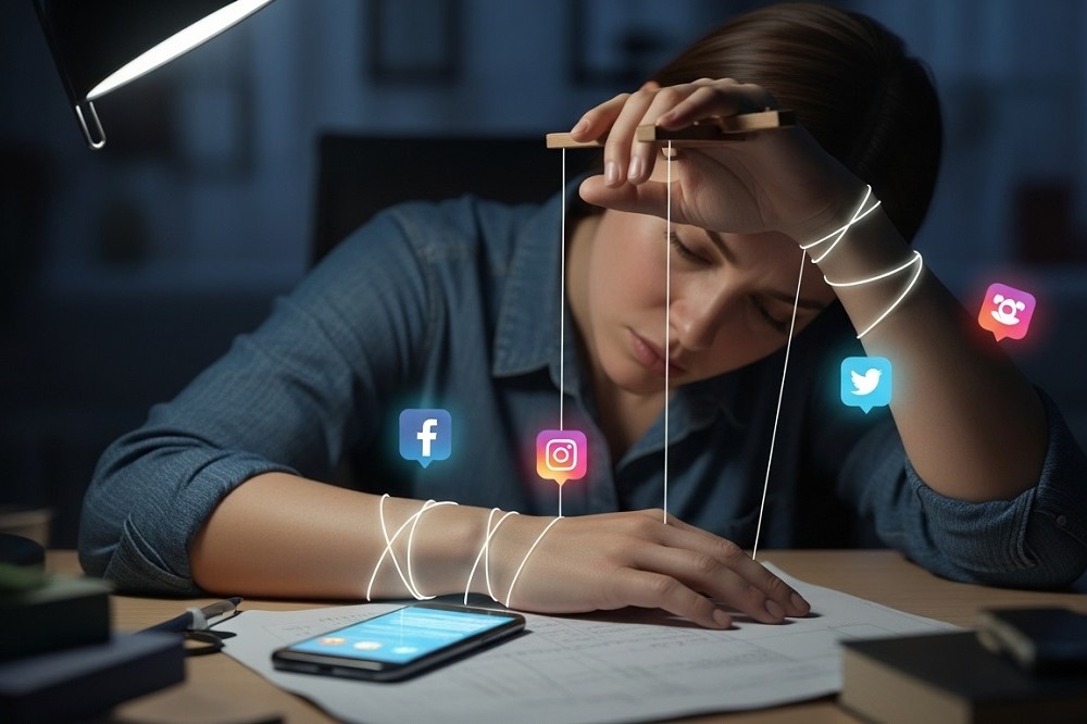 Woman-pulled-by-Puppet-Strings-on-Desk