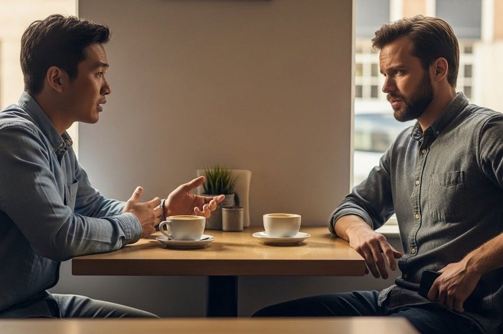 Man-Reaching-For-Phone-While-Chatting