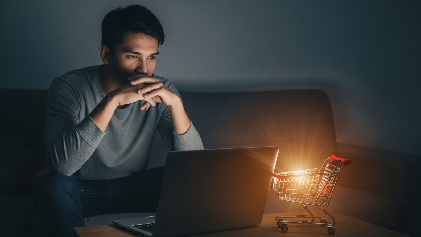 Man-Sits-In-Front-of-Laptop-With-A-Flashing-Online-Cart