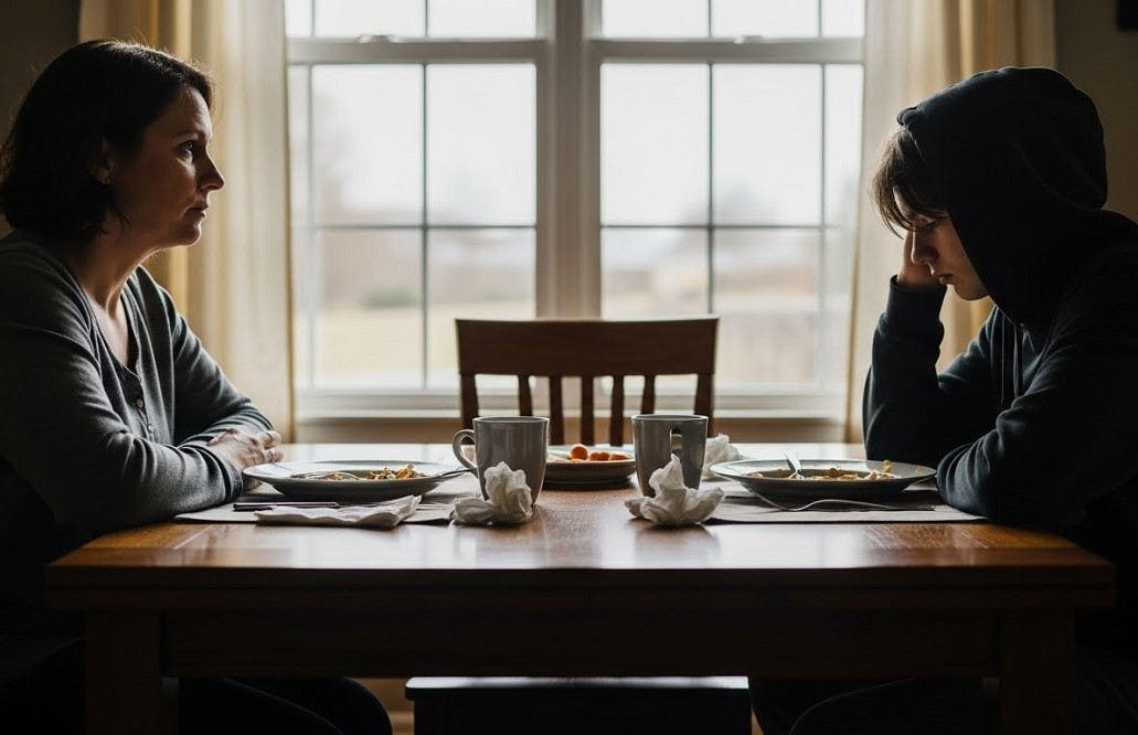 Parent-Child-Sitting-At-Dining-Table-Ambiguous-Loss