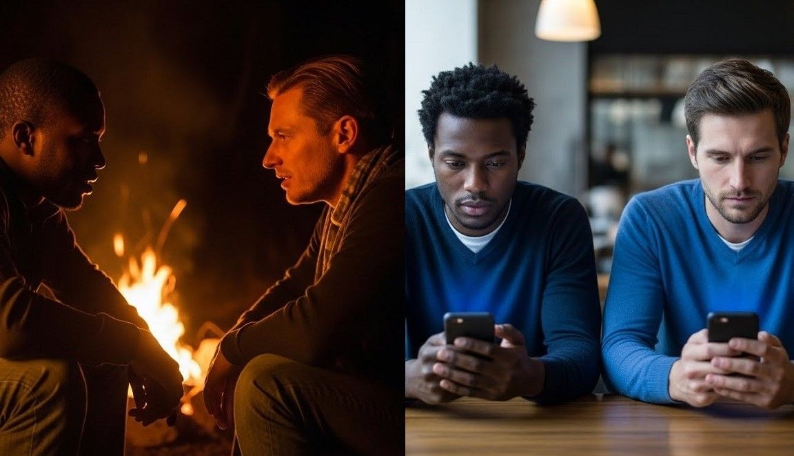 Split-Screen-Men-Face-to-face-conversation-Vs-Mne-Staring-at-Their-Phones