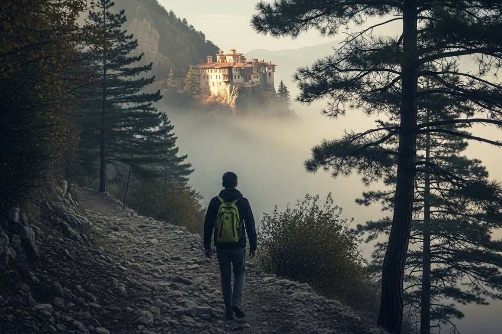 Traveller-Walking-Towards-A-Monastery