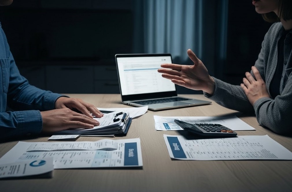 Two-Persons-Discussing-Bills-At-Table