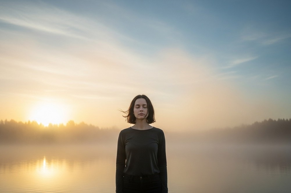 Woman-Standing-By-Lake-At-Sunrise