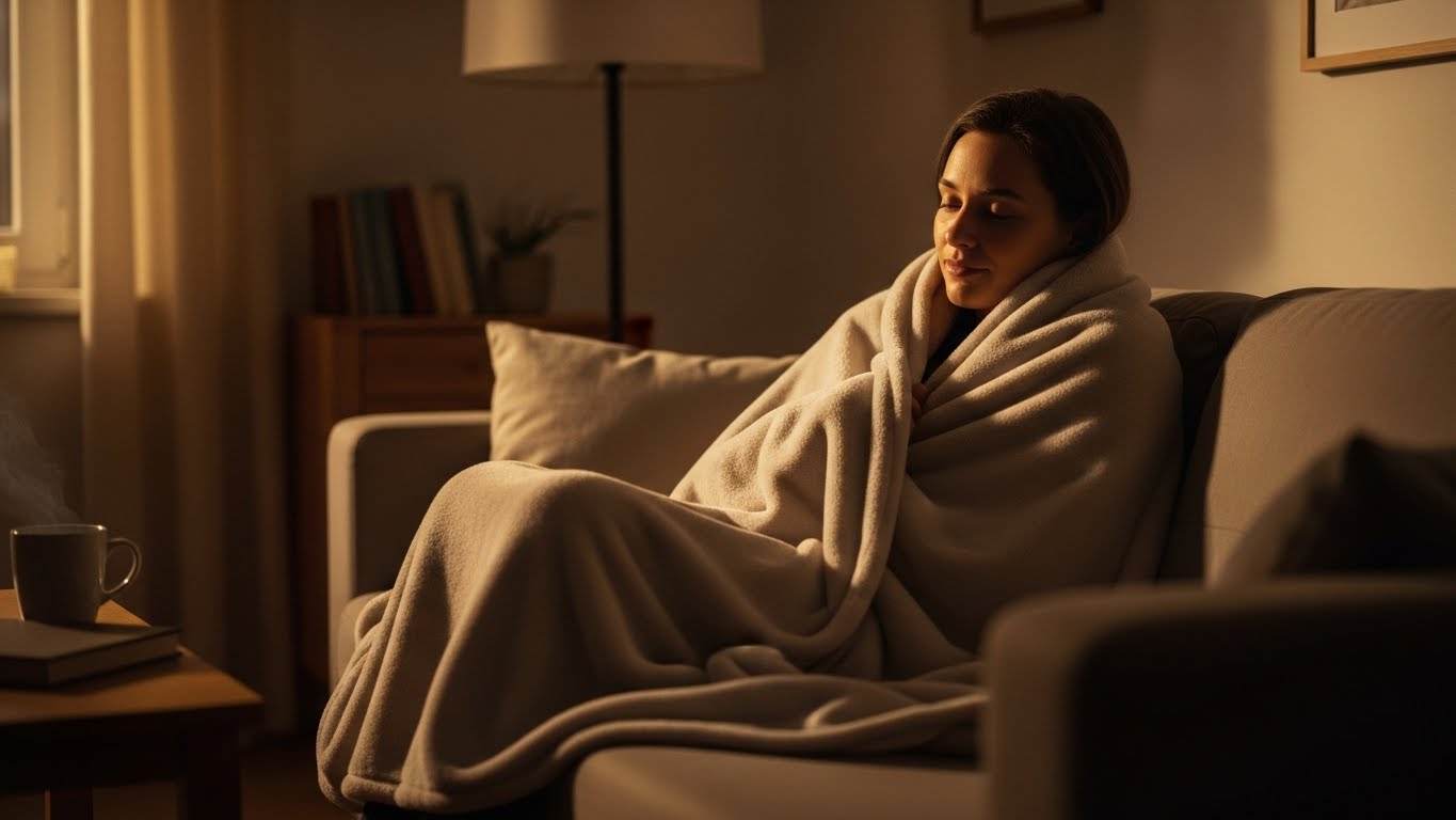 Woman-Wrapped-In-Oversized-Blanket-Doom-Spending