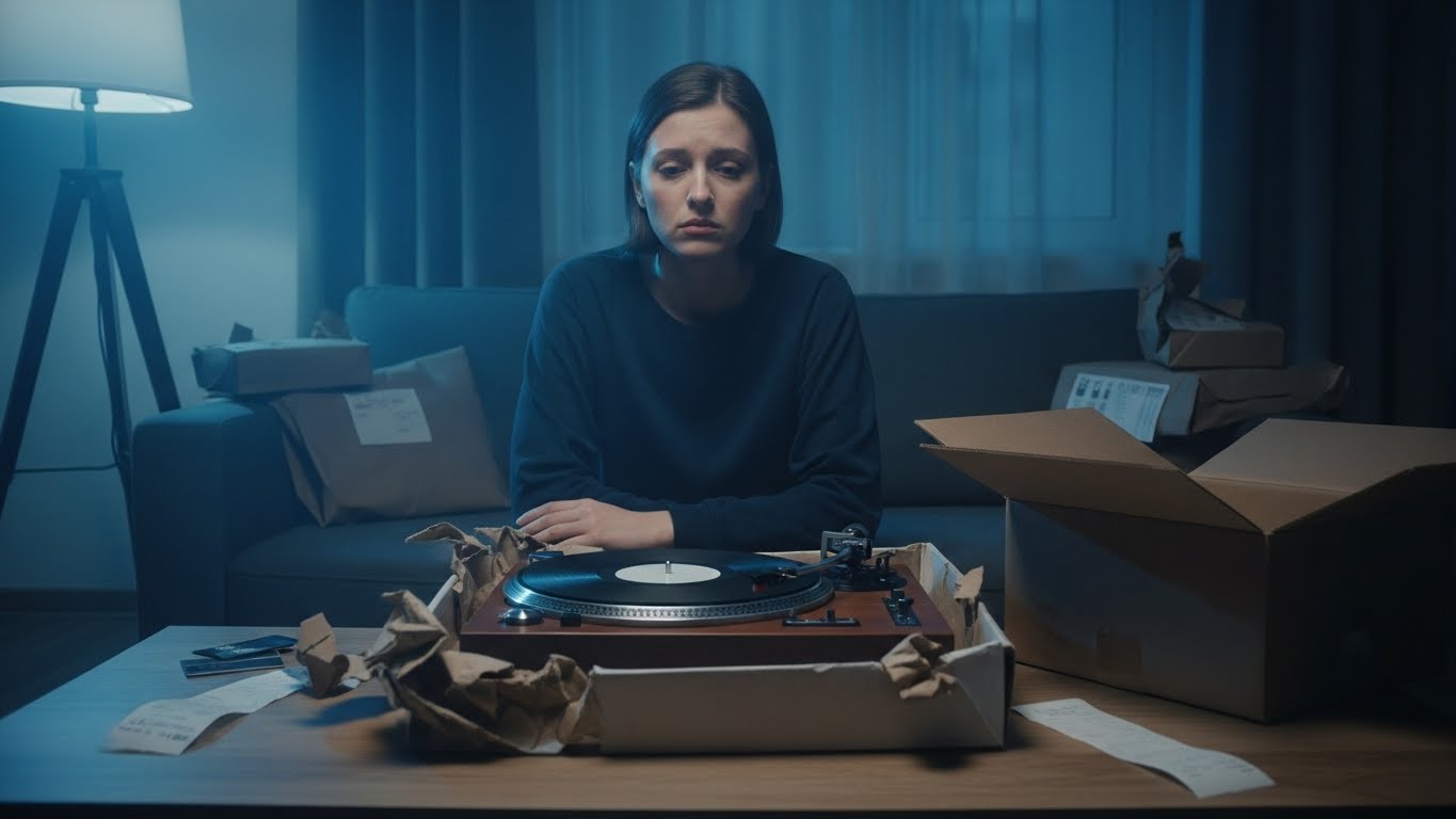 Woman-with-newly-Purchased-Turntable-Doom-Spending