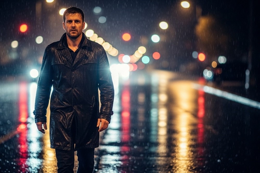 Man-Walking-In-Rain-At-Night