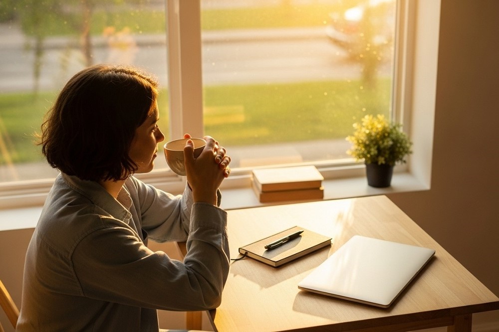 Woman-Sitting-At-A-Desk-Near-Window