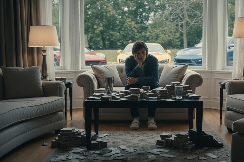 Man-Looking-Bored-Staring-At-Pile-Of-Cash