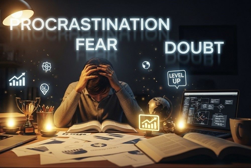 Man-Tries-To-Work-While-Negative-Words-Float-Above