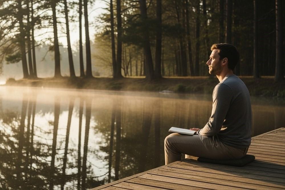 Man-sitting-alone-at-the-edge-of-a-pond