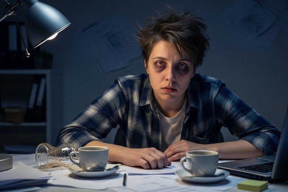 Sleep-Deprived-Woman-At-Messy-Desk