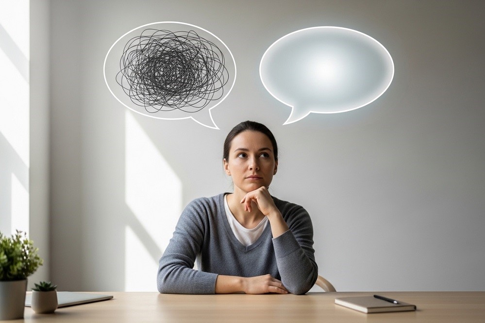 Woman-At-Desk-with-two-speech-bubbles-above-her-head