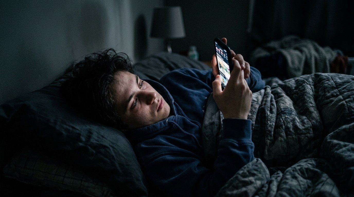 What Bed Rotting Is Really Hiding About Modern Exhaustion 1 Bed-Rotting-Man-Looking-At-Smartphone