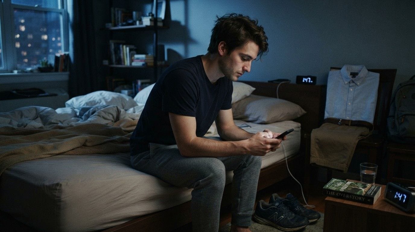 Man-Scrolling-Phone-On-Bed-Self-Sabotage