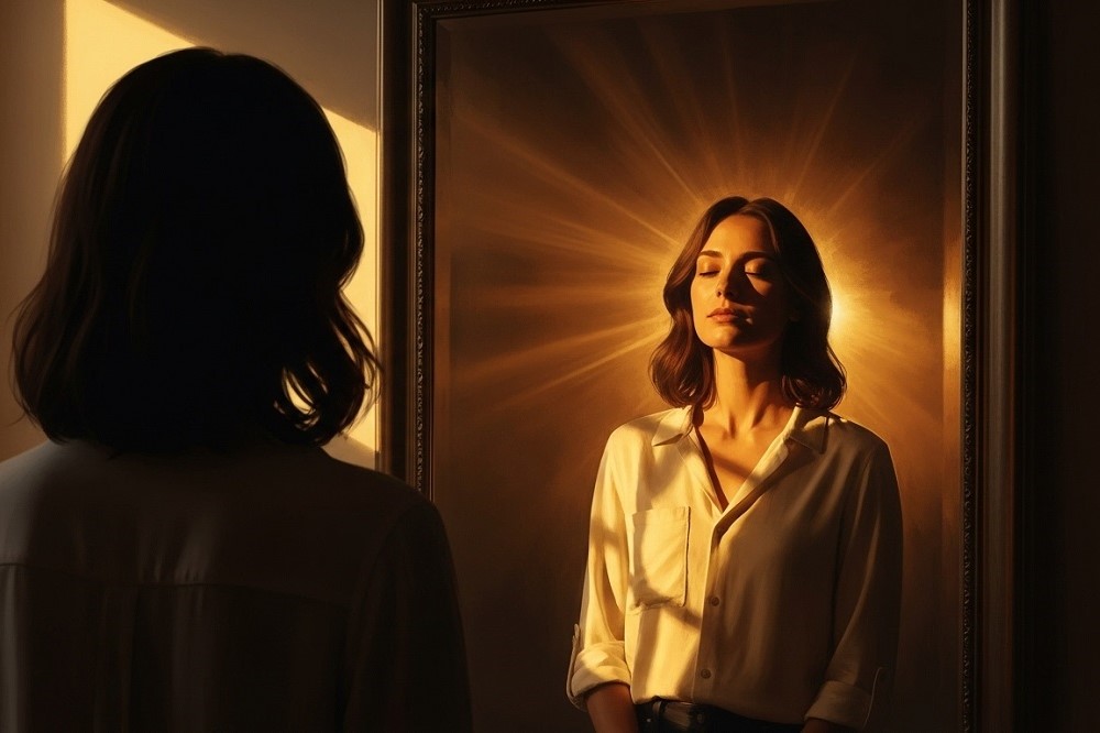 Woman-Standing-Before-a-Large-Mirror