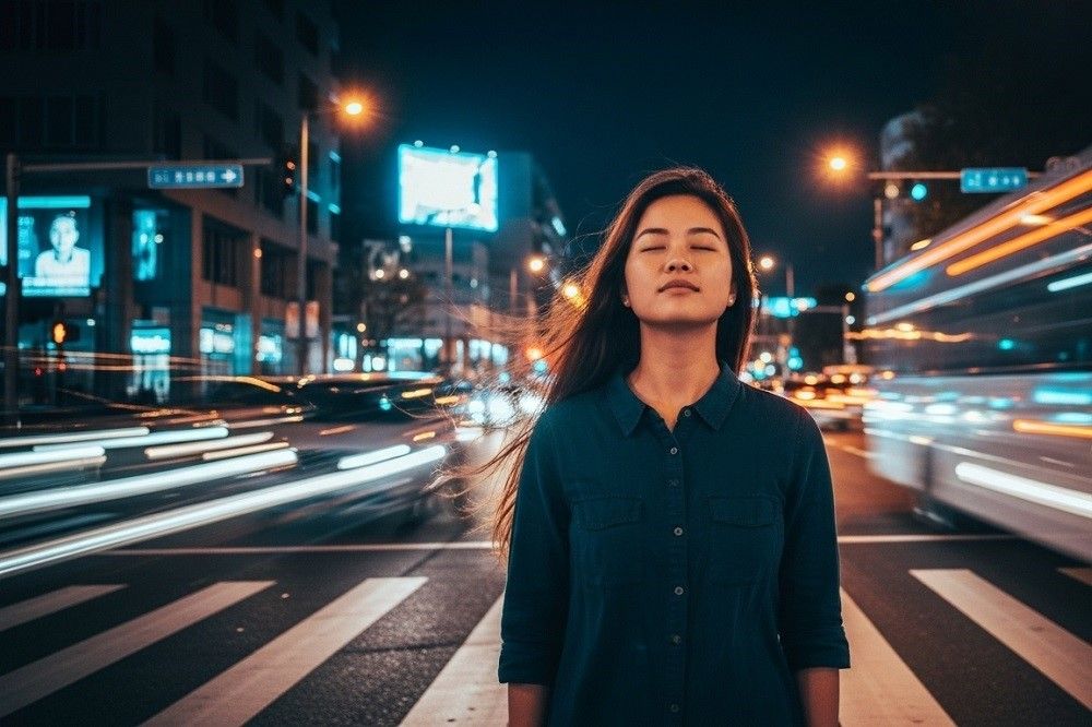 Woman-standing-in-a-busy-intersection