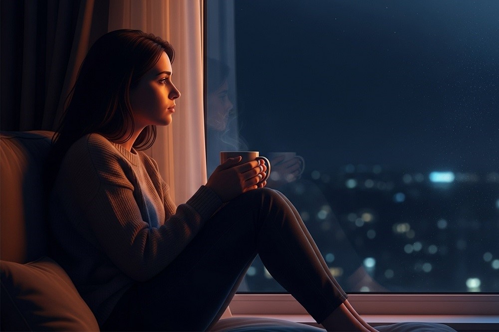 Woman-Sitting-by-Window-At-Night