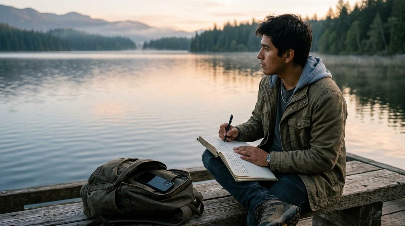 Man-Writing-By-Lake-Living-Intentionally