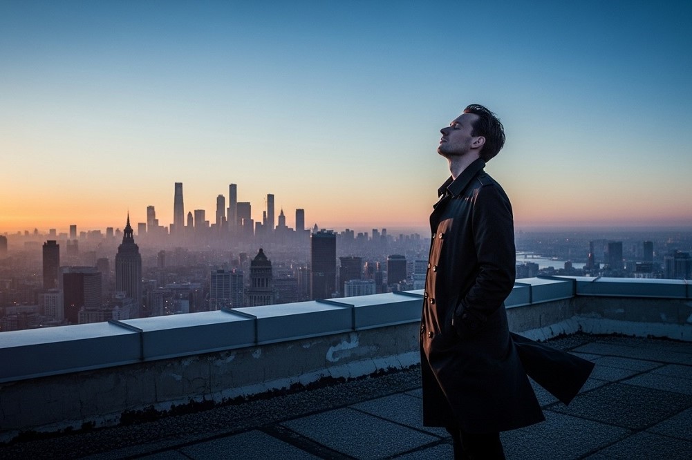 Man-standing-on-rooftop-overlooking-city