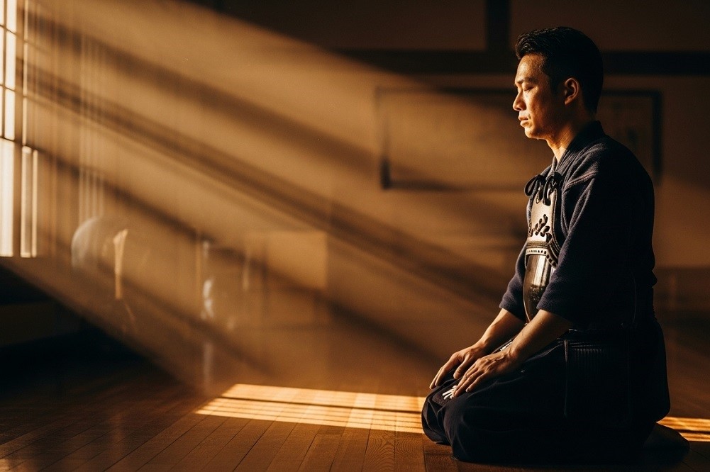 Concentration-Kendoka-Meditate-in-dojo