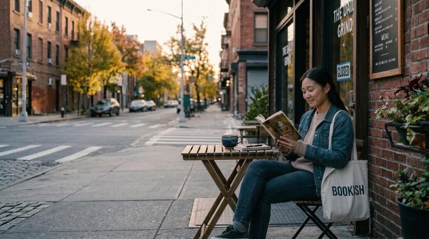 Woman-Reading-Paperback-Outside-Cafe-Thriving-Life