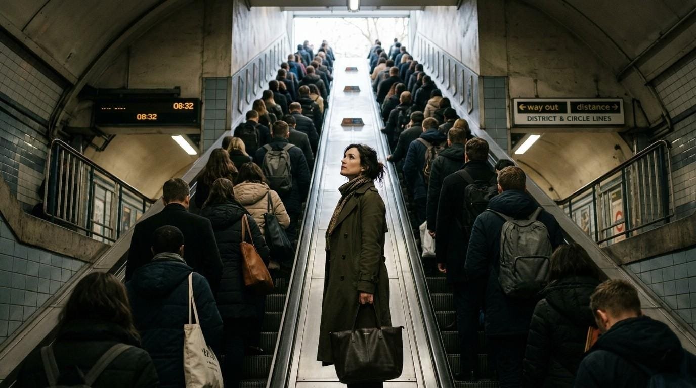 Woman-On-Escalator-Looking-Up-Mind-Power