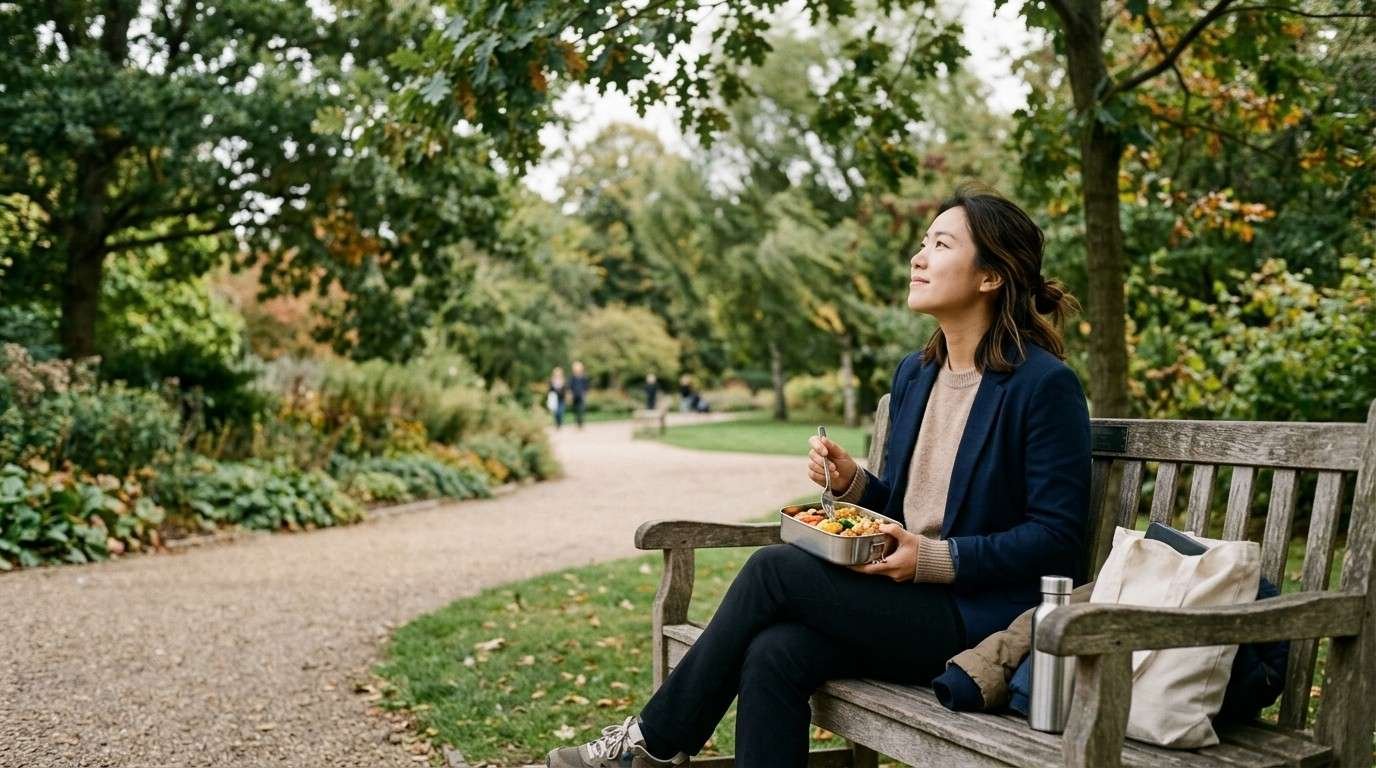 Woman-Eating-Lunch-in-Park-Mindful-Eating